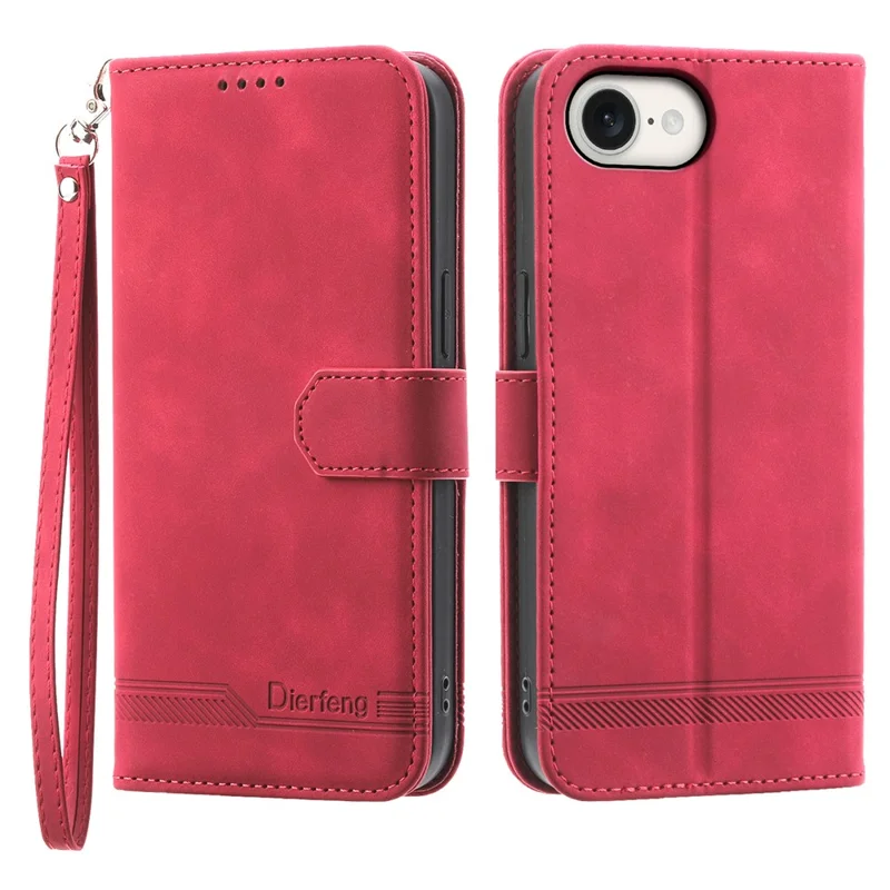 DIERFENG DF-03 For iPhone 17e / 16e Wallet Cover Card Slot Lines Imprinted Phone Case - Red