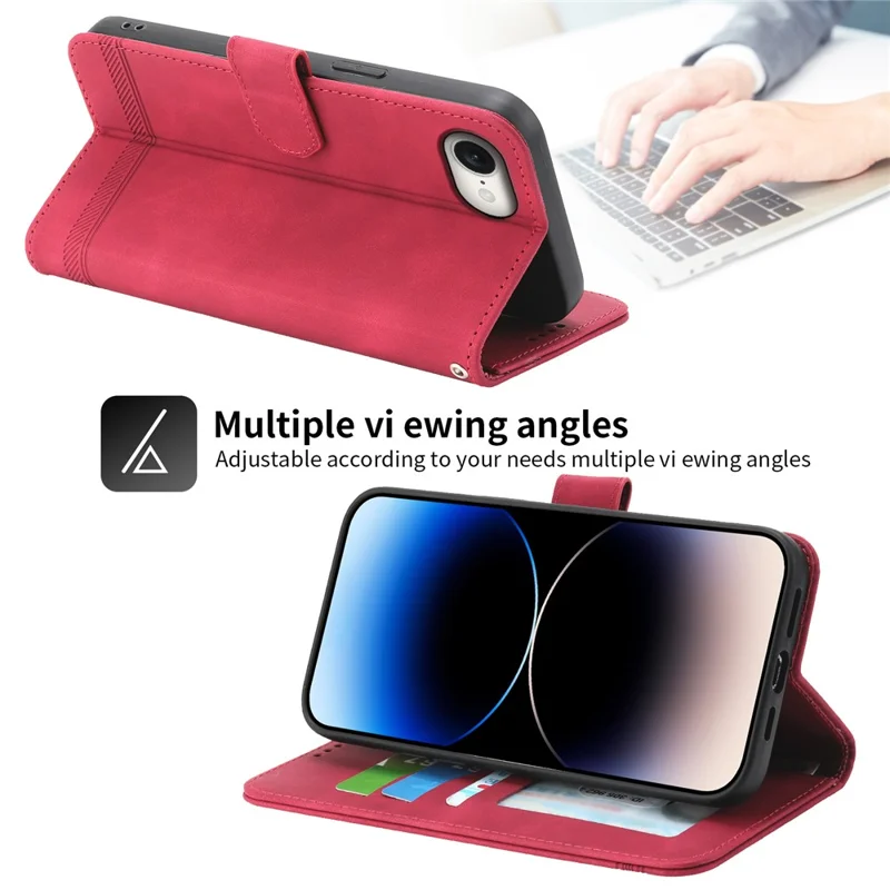 DIERFENG DF-03 For iPhone 17e / 16e Wallet Cover Card Slot Lines Imprinted Phone Case - Red