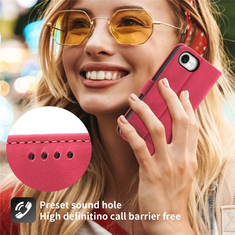 DIERFENG DF-03 For iPhone 17e / 16e Wallet Cover Card Slot Lines Imprinted Phone Case - Red