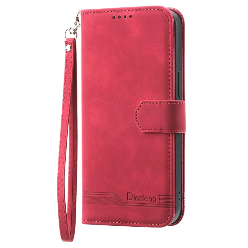 DIERFENG DF-03 For iPhone 17e / 16e Wallet Cover Card Slot Lines Imprinted Phone Case - Red