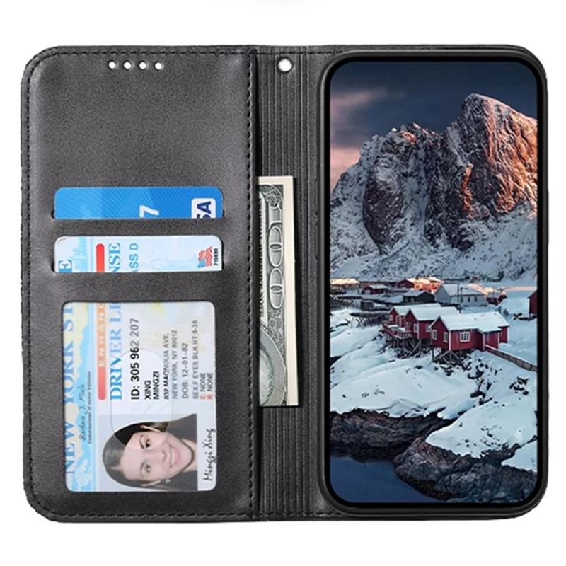 Fodral för iPhone 16 Plus med ställfunktion, intryckt plånbokscover i PU-läder - Svart