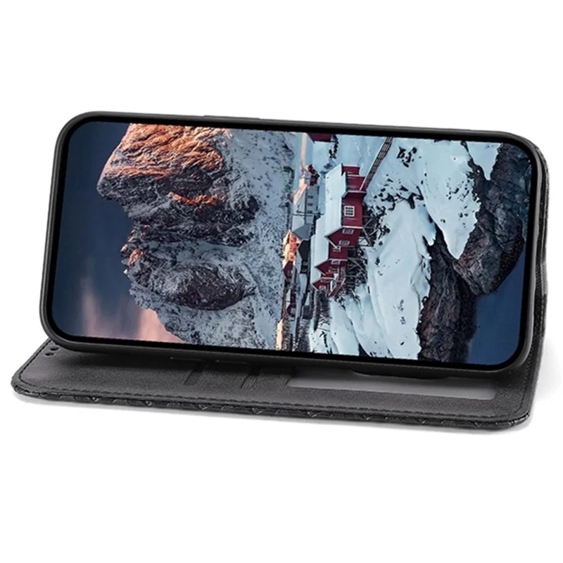 Fodral för iPhone 16 Plus med ställfunktion, intryckt plånbokscover i PU-läder - Svart