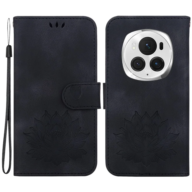 For Honor Magic6 Pro 5G Case Leather Lotus Phone Cover Wallet with Card Holder - Black