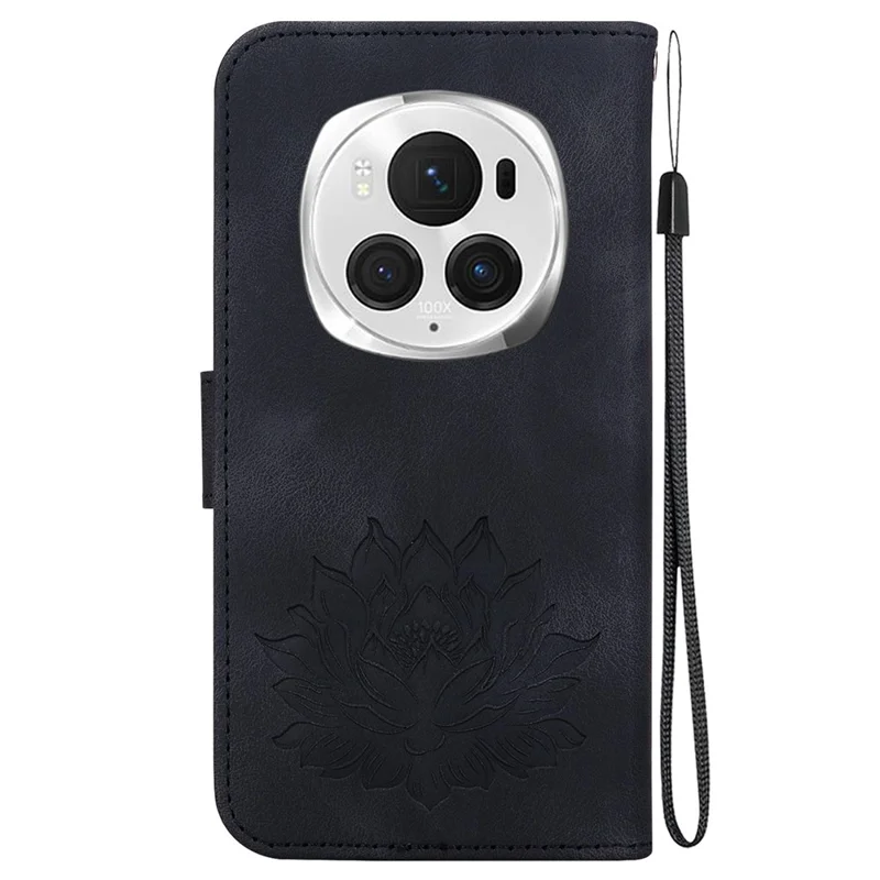 For Honor Magic6 Pro 5G Case Leather Lotus Phone Cover Wallet with Card Holder - Black