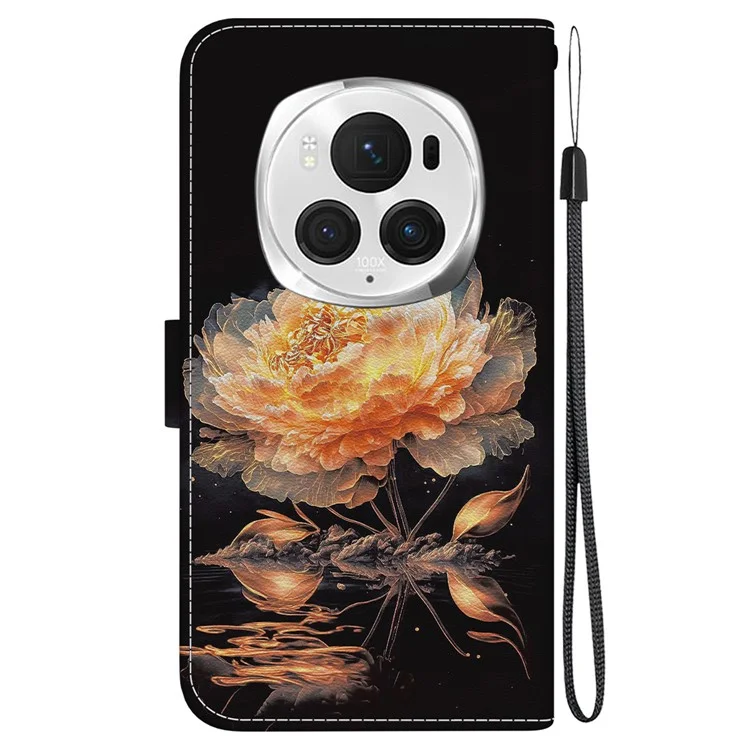 Capa de celular de couro sintético com estampa floral dourada - For Honor Magic6 Pro 5G Wallet Case