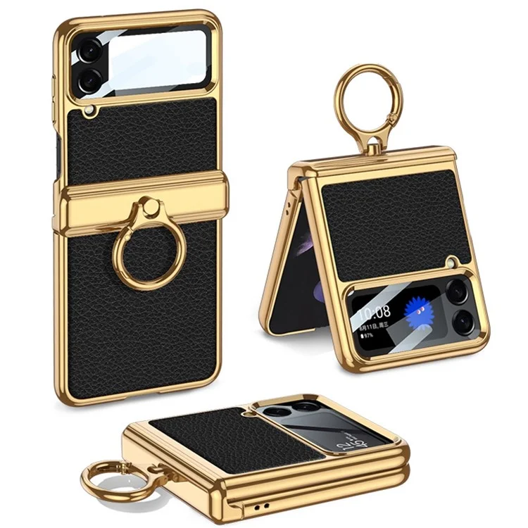 GKK For Samsung Galaxy Z Flip4 5G Litchi Texture PU Leather + PC + Metal Electroplating Phone Case with Ring Kickstand and Integrated Small Screen Film - Black