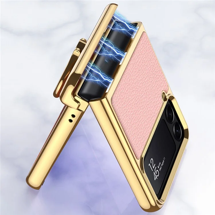 GKK For Samsung Galaxy Z Flip4 5G Litchi Texture PU Leather + PC + Metal Electroplating Phone Case with Ring Kickstand and Integrated Small Screen Film - Black