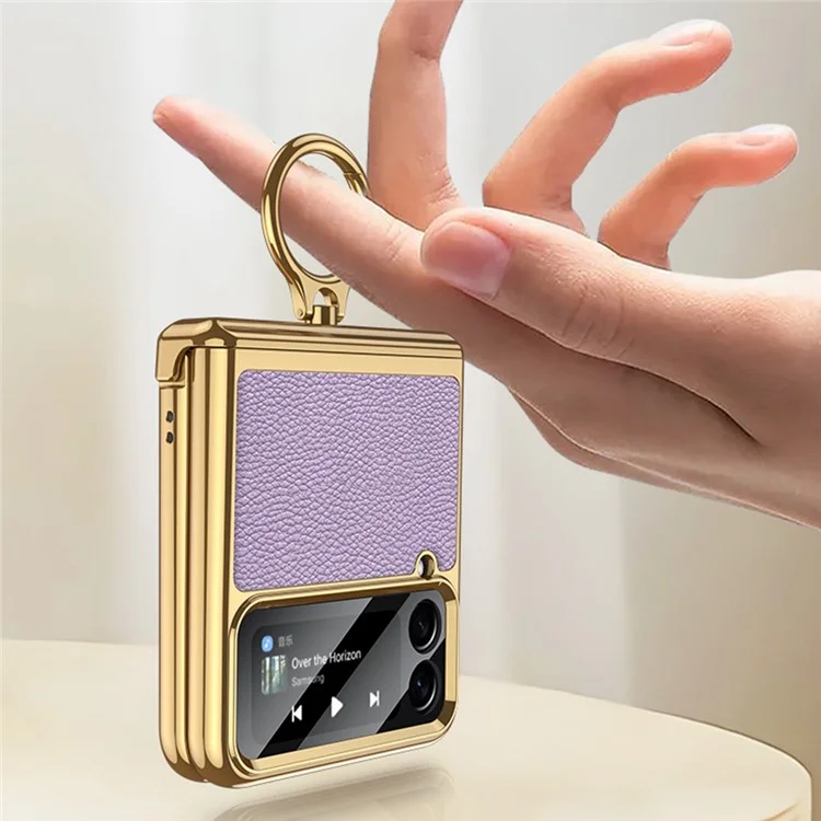 GKK For Samsung Galaxy Z Flip4 5G Litchi Texture PU Leather + PC + Metal Electroplating Phone Case with Ring Kickstand and Integrated Small Screen Film - Black