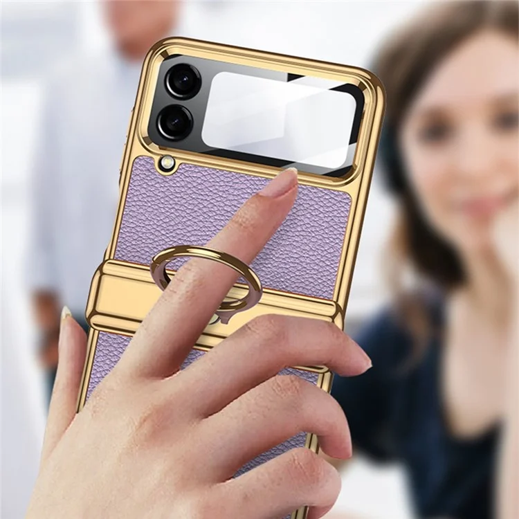 GKK For Samsung Galaxy Z Flip4 5G Litchi Texture PU Leather + PC + Metal Electroplating Phone Case with Ring Kickstand and Integrated Small Screen Film - Black