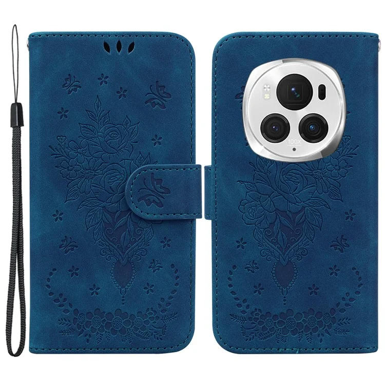 For Honor Magic6 Pro 5G Wallet Case Leather TPU Inner Protective Phone Cover Butterfly Rose Flower - Blue