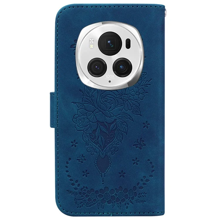 For Honor Magic6 Pro 5G Wallet Case Leather TPU Inner Protective Phone Cover Butterfly Rose Flower - Blue