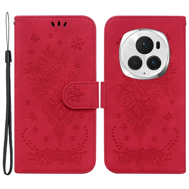 For Honor Magic6 Pro 5G Wallet Case Leather TPU Inner Protective Phone Cover Butterfly Rose Flower - Red