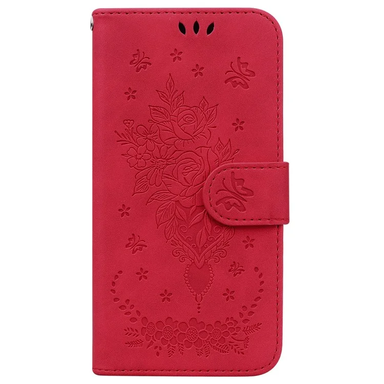 For Honor Magic6 Pro 5G Wallet Case Leather TPU Inner Protective Phone Cover Butterfly Rose Flower - Red