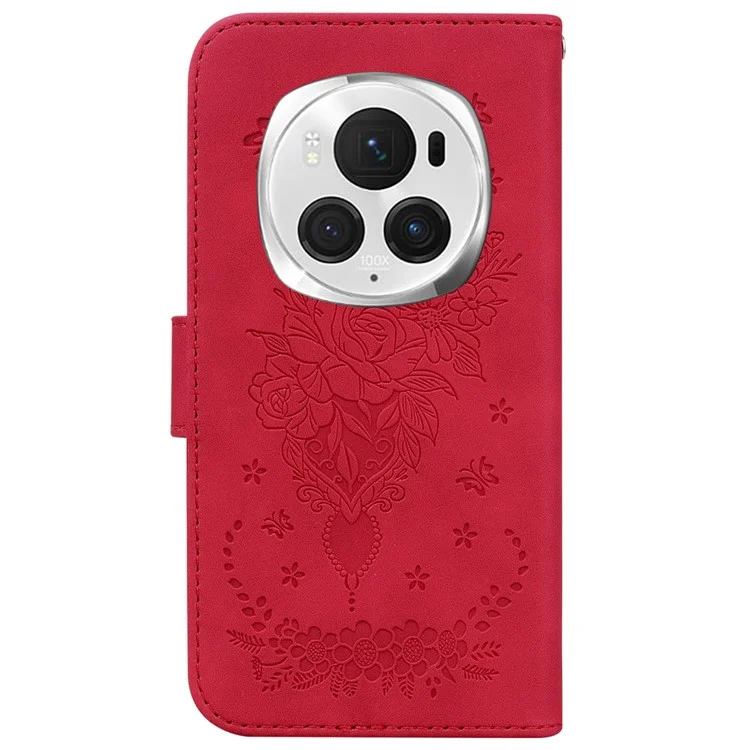 For Honor Magic6 Pro 5G Wallet Case Leather TPU Inner Protective Phone Cover Butterfly Rose Flower - Red