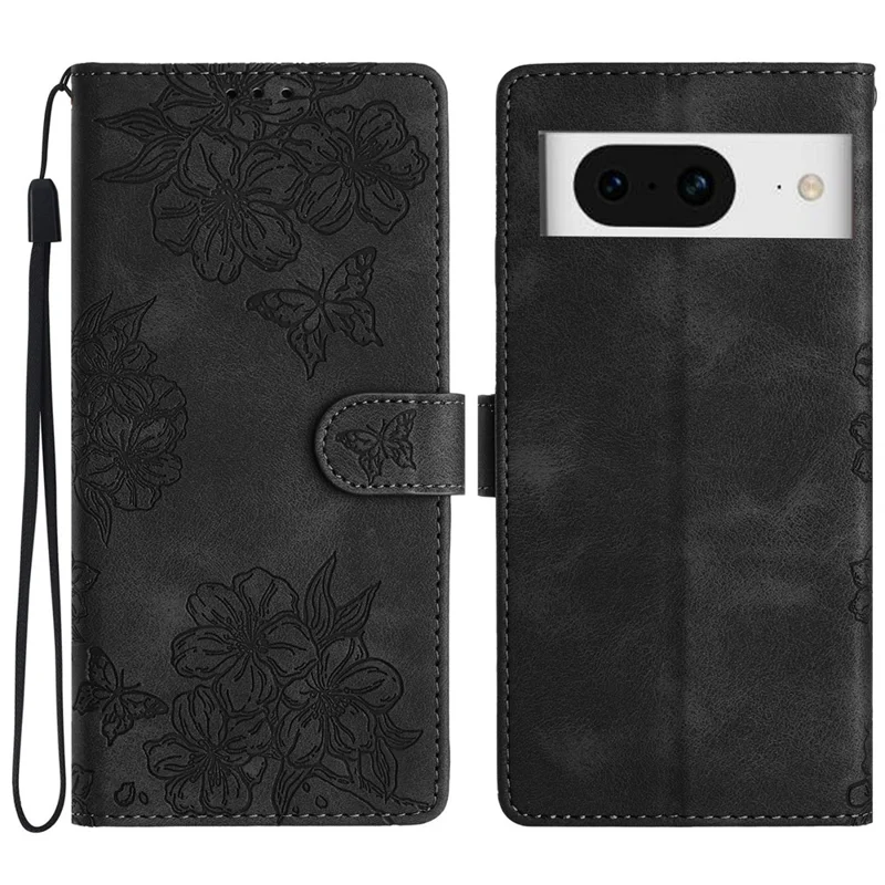 Para o Google Pixel 8 Case PU Leather Wallet Phone Cover Imprinted Butterfly Flowers Wrist Strap - Preto