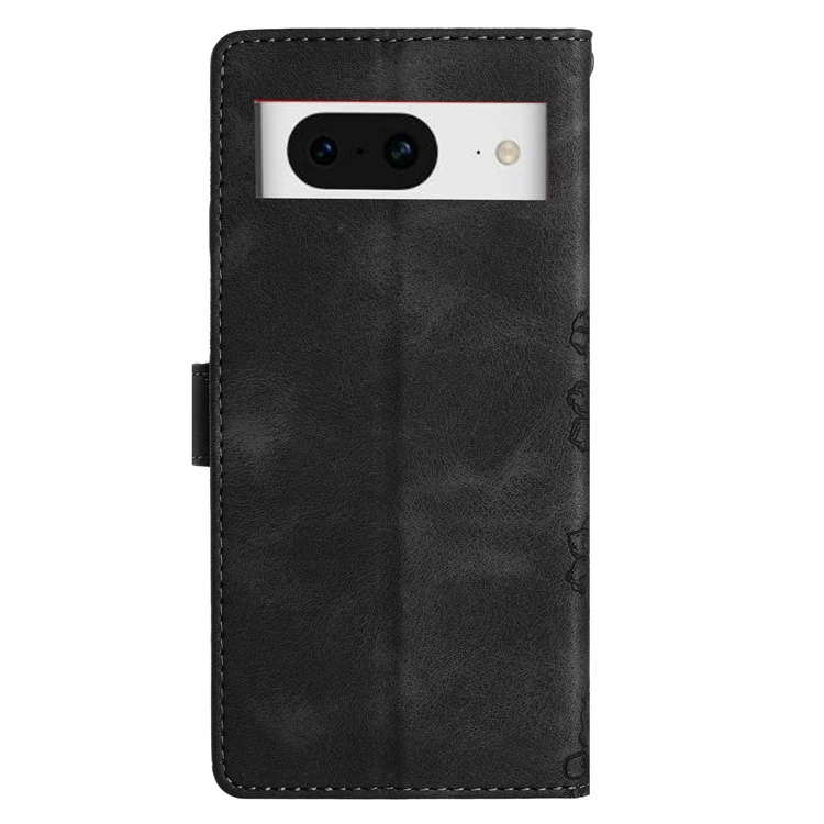 Para o Google Pixel 8 Case PU Leather Wallet Phone Cover Imprinted Butterfly Flowers Wrist Strap - Preto