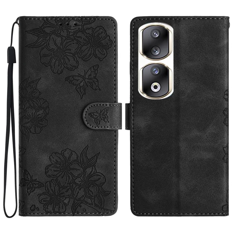 Custodia For Honor 90 Pro Farfalla Fiore Pelle PU Tocco Telefono Cover - Nero