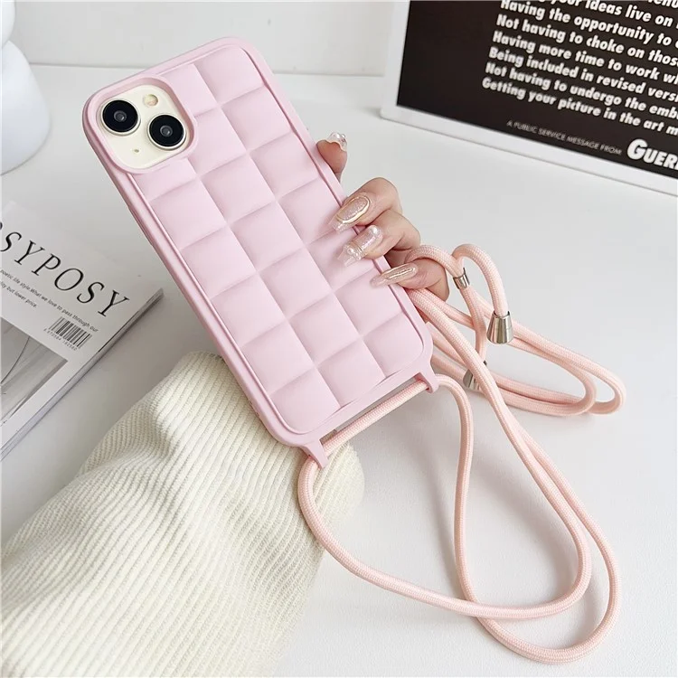 For iPhone 15 Plus Case Grid Pattern Flexible TPU Phone Cover with Long Lanyard - Pink