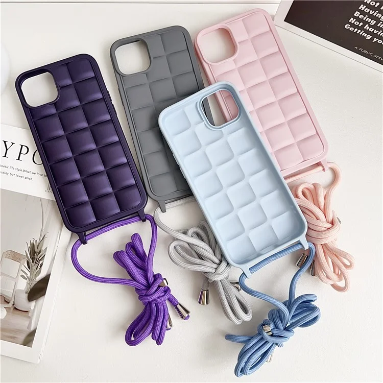 For iPhone 15 Plus Case Grid Pattern Flexible TPU Phone Cover with Long Lanyard - Pink