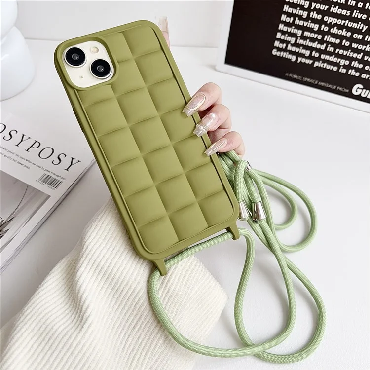 For iPhone 15 Case Drop Protection TPU Crossbody Phone Cover 3D Grid Plaid - Green