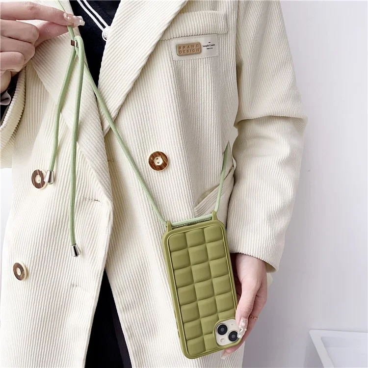For iPhone 15 Case Drop Protection TPU Crossbody Phone Cover 3D Grid Plaid - Green