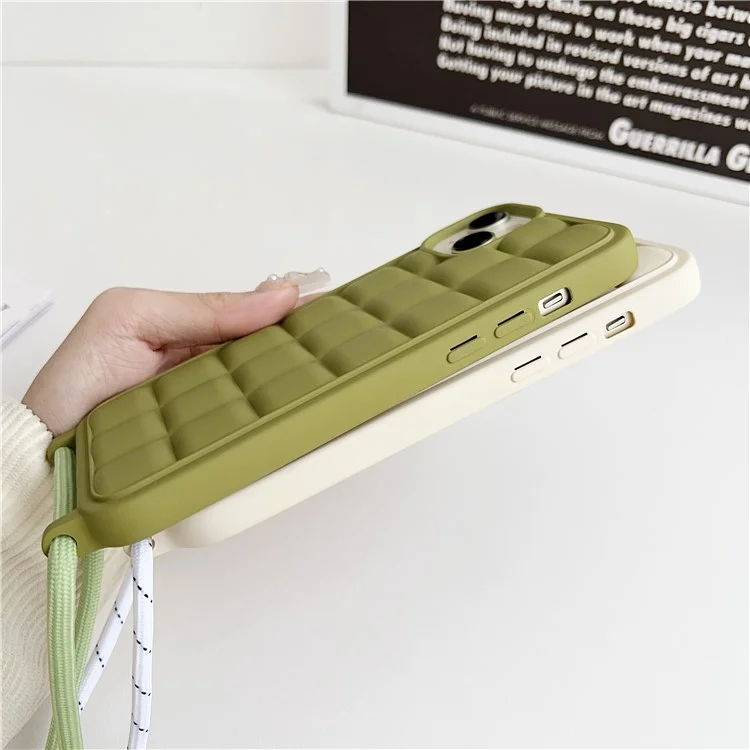 For iPhone 15 Case Drop Protection TPU Crossbody Phone Cover 3D Grid Plaid - Green