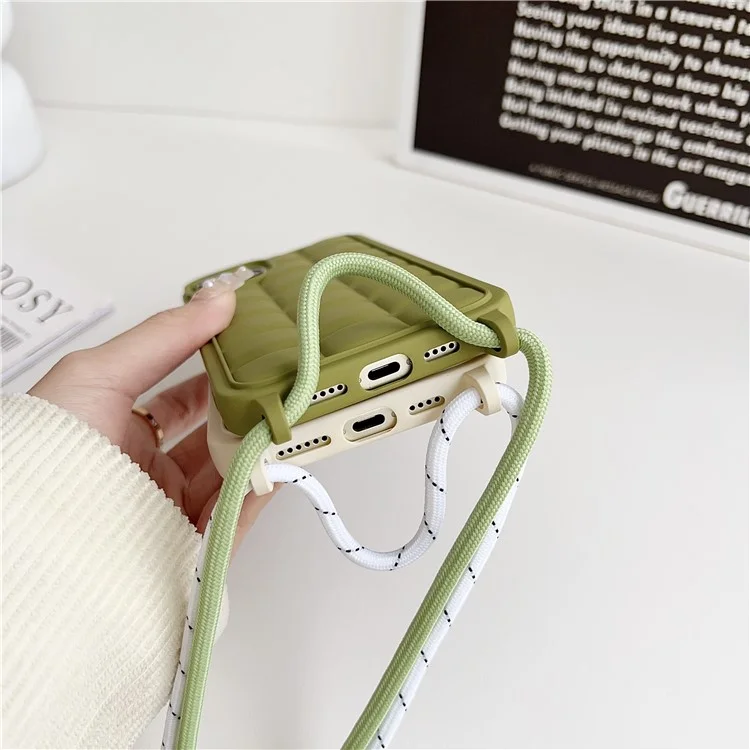 For iPhone 15 Case Drop Protection TPU Crossbody Phone Cover 3D Grid Plaid - Green