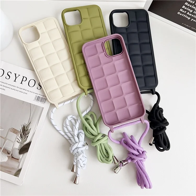 For iPhone 15 Case Drop Protection TPU Crossbody Phone Cover 3D Grid Plaid - Green