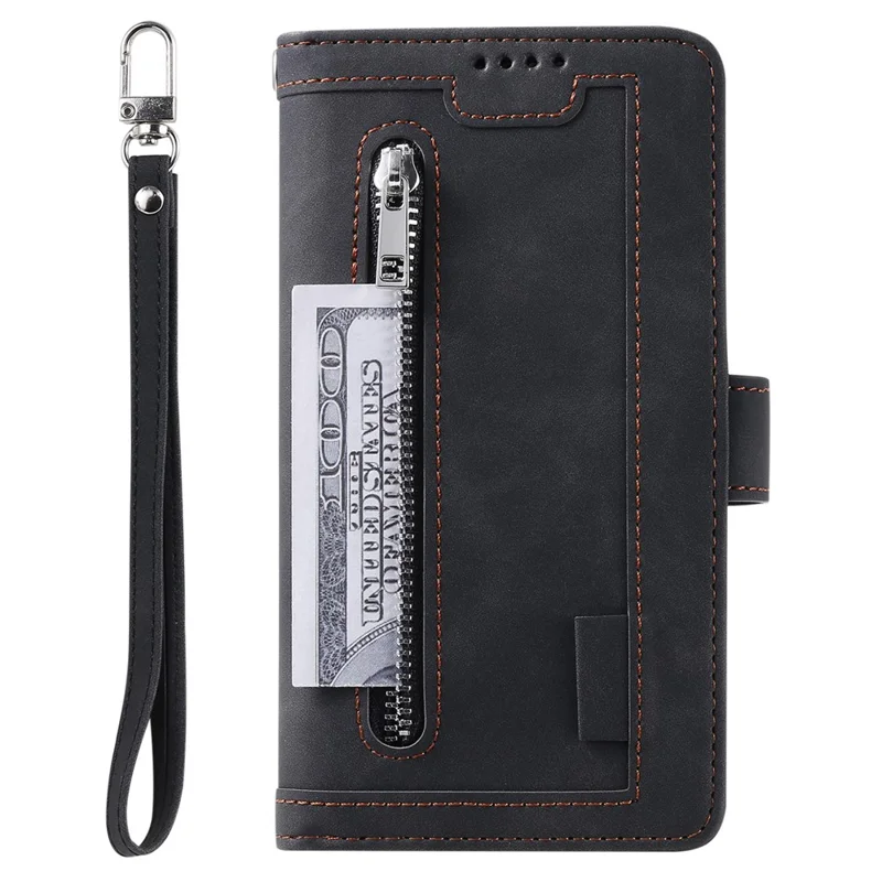 For Samsung Galaxy S24 FE Case Zipper Pocket PU Leather Phone Cover with 9 Card Slots - Black