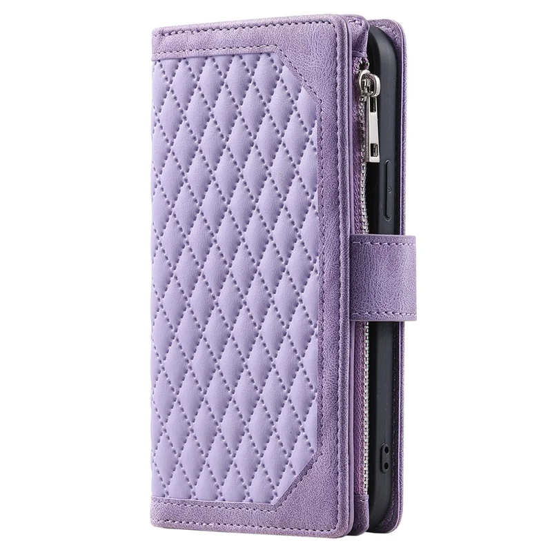 Style 005 For Samsung Galaxy S24 FE Mobile Phone Case Rhombus Stitching Line PU Leather Zipper Pocket Phone Cover - Purple