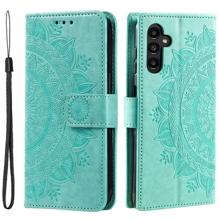 For Samsung Galaxy S24 FE Phone Stand Case Imprinted Totem PU Leather Wallet Phone Cover - Mint Green