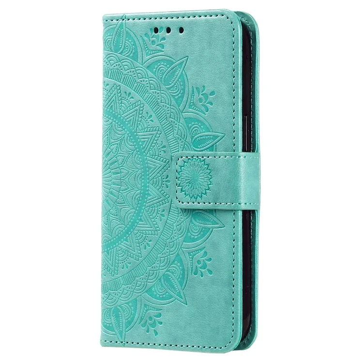 For Samsung Galaxy S24 FE Phone Stand Case Imprinted Totem PU Leather Wallet Phone Cover - Mint Green