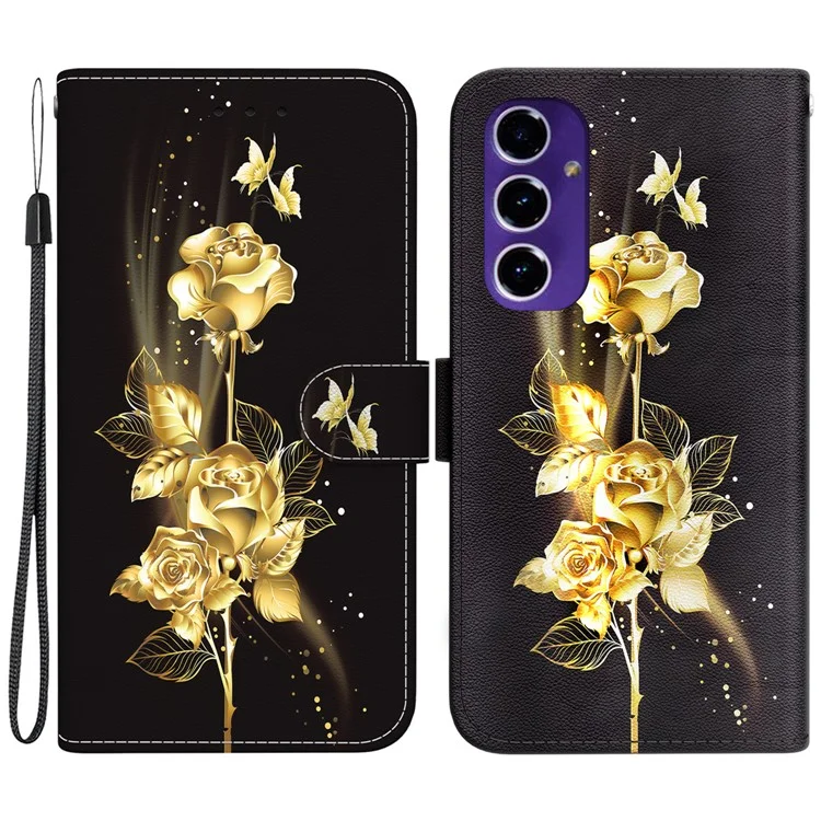 Wallet Phone Case for Samsung Galaxy S24 FE TPU+PU Leather Phone Stand Cover with Pattern Printing - Gold Butterfly Rose