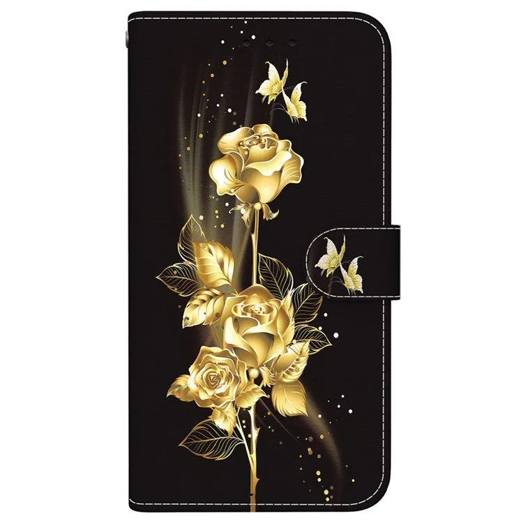 Wallet Phone Case for Samsung Galaxy S24 FE TPU+PU Leather Phone Stand Cover with Pattern Printing - Gold Butterfly Rose