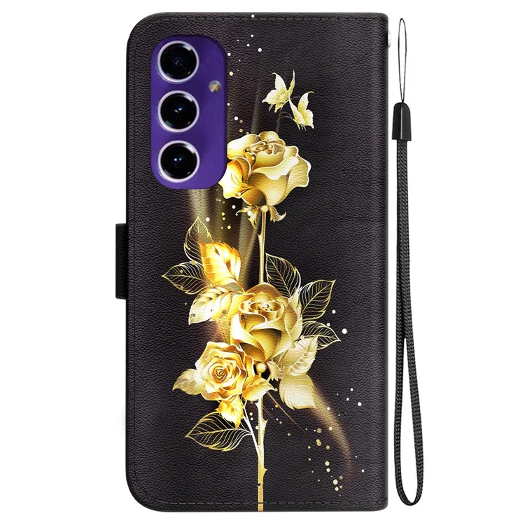 Wallet Phone Case for Samsung Galaxy S24 FE TPU+PU Leather Phone Stand Cover with Pattern Printing - Gold Butterfly Rose