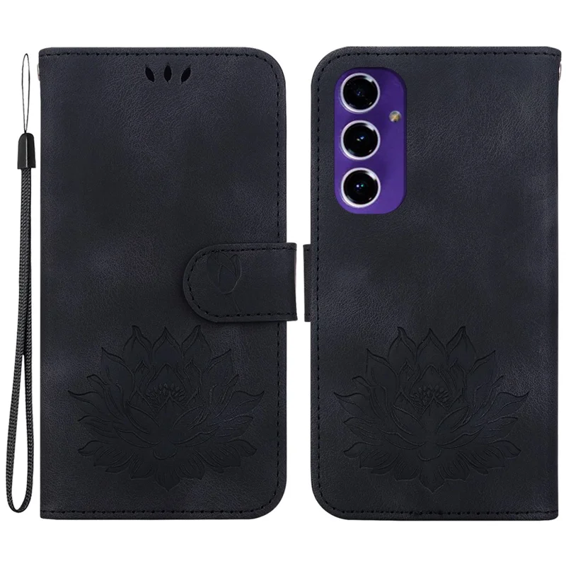 PU Leather Phone Cover for Samsung Galaxy S24 FE Phone Stand Case Imprinted Lotus Pattern Wallet Shell - Black - 1