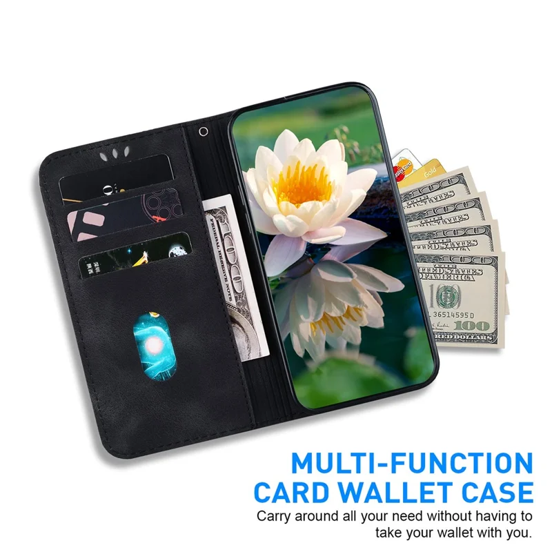 PU Leather Phone Cover for Samsung Galaxy S24 FE Phone Stand Case Imprinted Lotus Pattern Wallet Shell - Black - 2