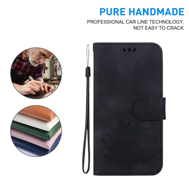 PU Leather Phone Cover for Samsung Galaxy S24 FE Phone Stand Case Imprinted Lotus Pattern Wallet Shell - Black - 4