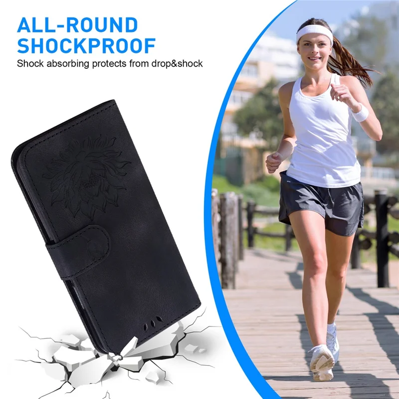 PU Leather Phone Cover for Samsung Galaxy S24 FE Phone Stand Case Imprinted Lotus Pattern Wallet Shell - Black - 6