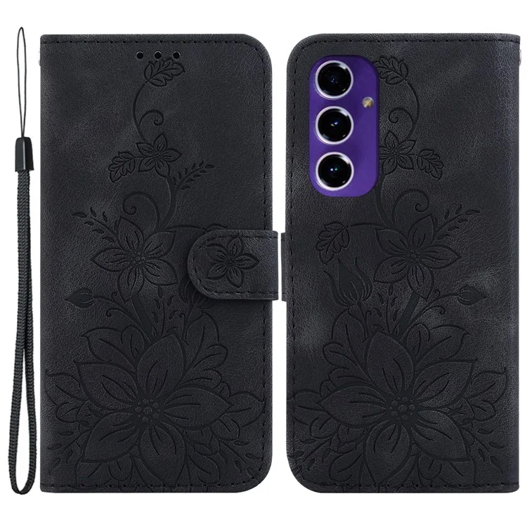 Para Samsung Galaxy S24 FE Soporte de Teléfono Móvil Caso de Cubierta de Cartera de Piel de Imitación con Patrón de Flor Estampada - Negro