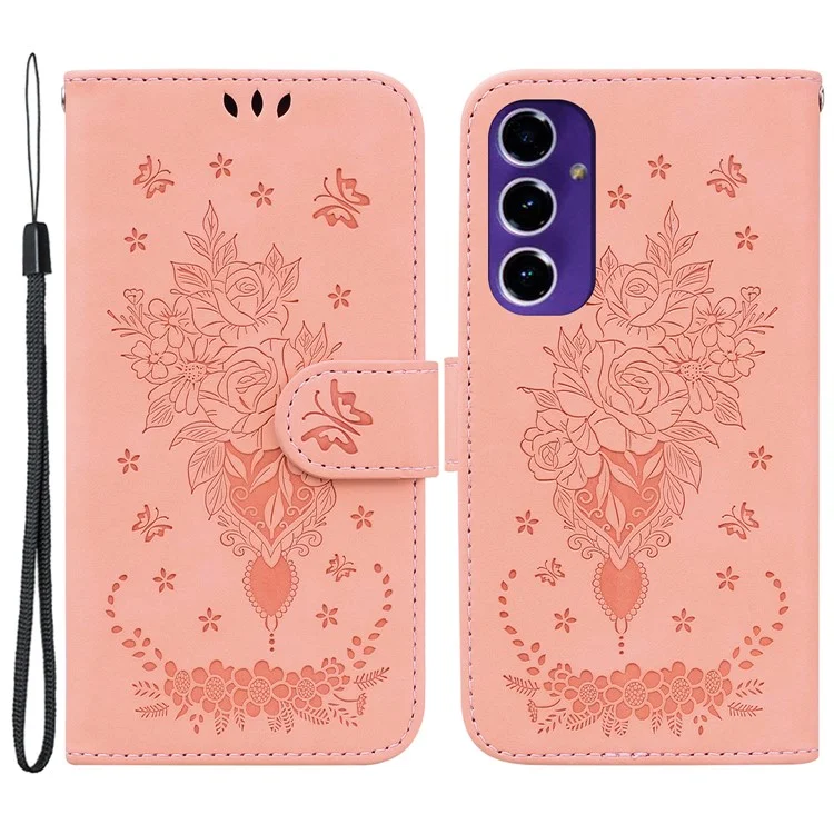 Чехол-подставка для телефона Wallet Phone Stand Case для Samsung Galaxy S24 FE, с покрытием из искусственной кожи и TPU, с цветочным и бабочкиным узором - розовый