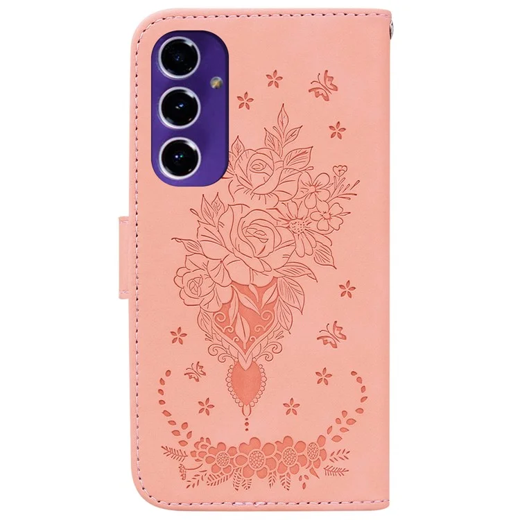 Чехол-подставка для телефона Wallet Phone Stand Case для Samsung Galaxy S24 FE, с покрытием из искусственной кожи и TPU, с цветочным и бабочкиным узором - розовый