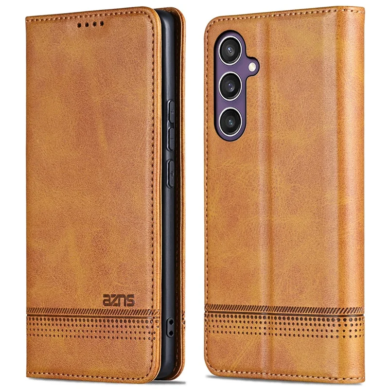 AZNS For Samsung Galaxy S24 FE Cowhide Texture Phone Stand Case Magnetic PU Leather Phone Shell Cover - Brown