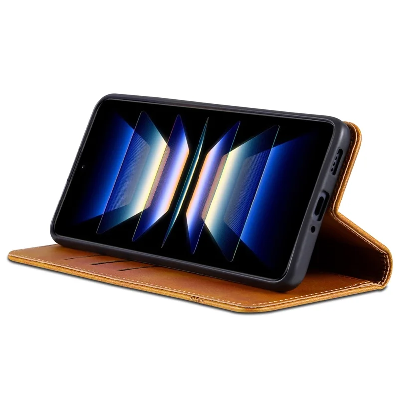 AZNS For Samsung Galaxy S24 FE Cowhide Texture Phone Stand Case Magnetic PU Leather Phone Shell Cover - Brown