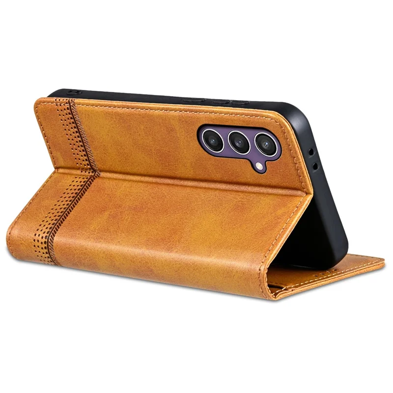 AZNS For Samsung Galaxy S24 FE Cowhide Texture Phone Stand Case Magnetic PU Leather Phone Shell Cover - Brown