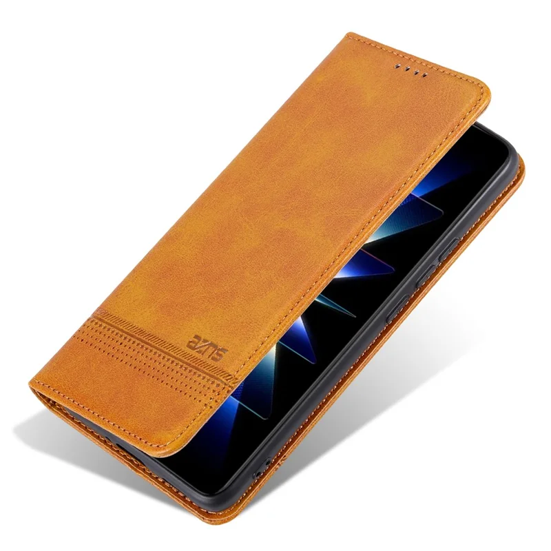AZNS For Samsung Galaxy S24 FE Cowhide Texture Phone Stand Case Magnetic PU Leather Phone Shell Cover - Brown