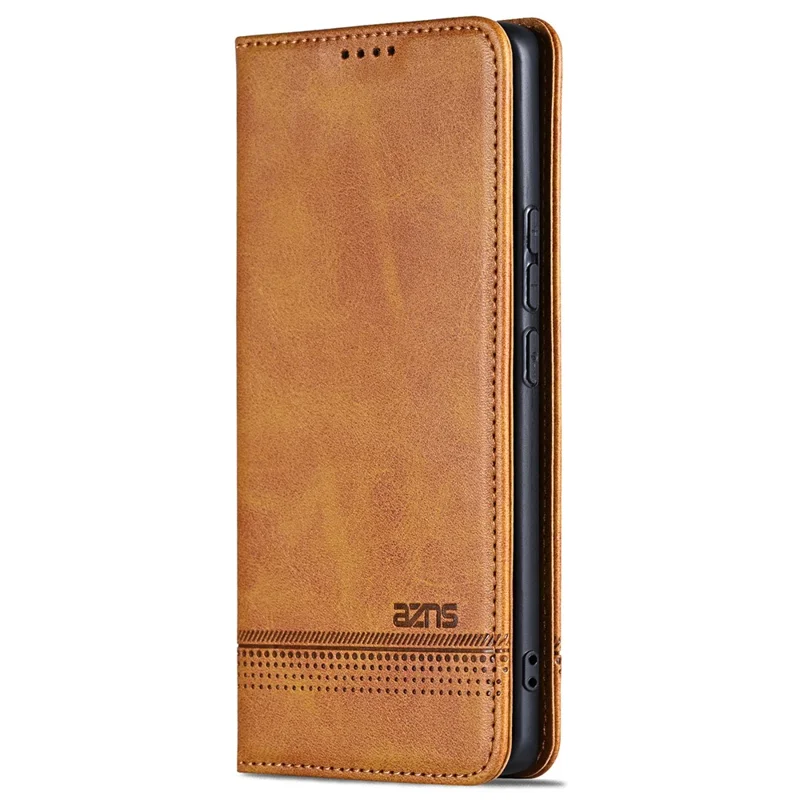 AZNS For Samsung Galaxy S24 FE Cowhide Texture Phone Stand Case Magnetic PU Leather Phone Shell Cover - Brown