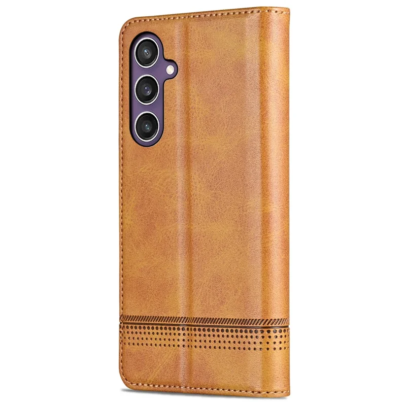 AZNS For Samsung Galaxy S24 FE Cowhide Texture Phone Stand Case Magnetic PU Leather Phone Shell Cover - Brown