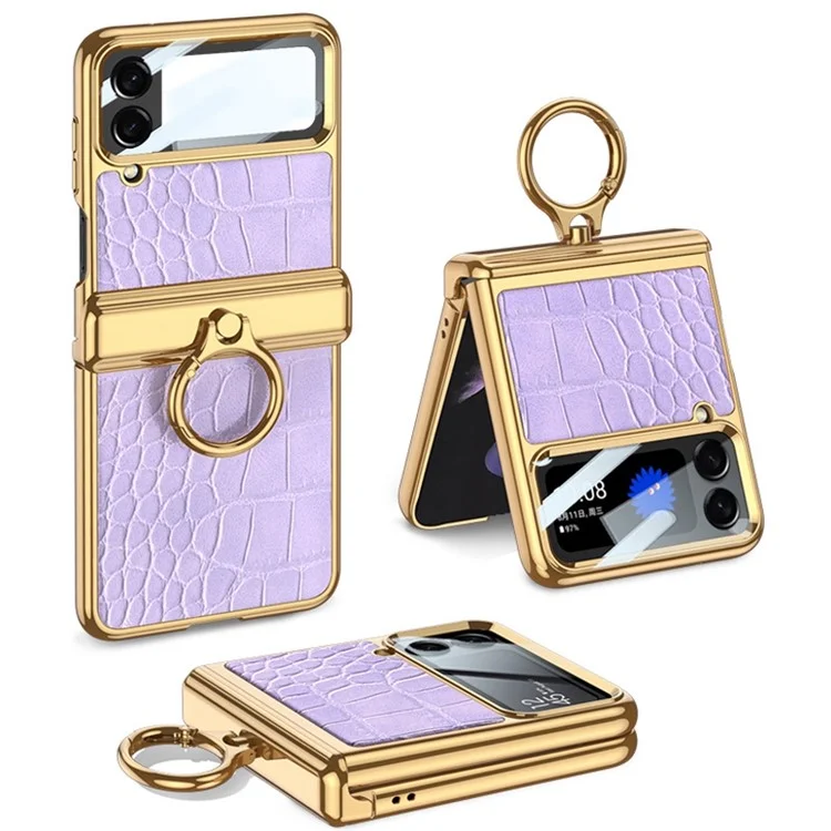 GKK para Samsung Galaxy Z Flip4 5G Funda de piel de cocodrilo texturizada PU + PC + Metal con soporte Electroplated Phone Case Película de protección de pantalla pequeña Tapa con bisagra magnética - Morado cocodrilo
