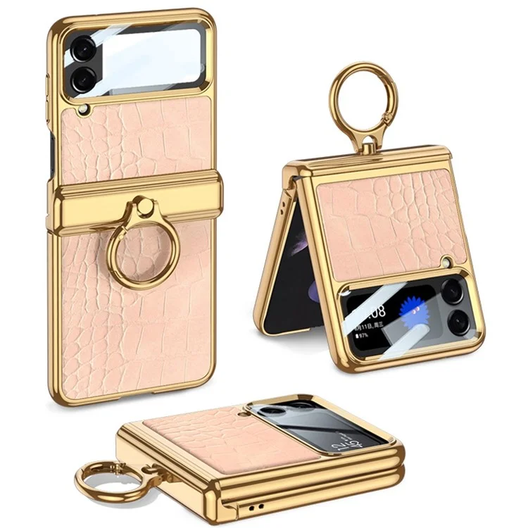 GKK Pour Samsung Galaxy Z Flip4 5G Crocodile Texture PU Leather + PC + Metal Kickstand Electroplate Téléphone Boîte de Téléphone Small Screen Film Magnetic Hinge Cover - Crocodile Rose